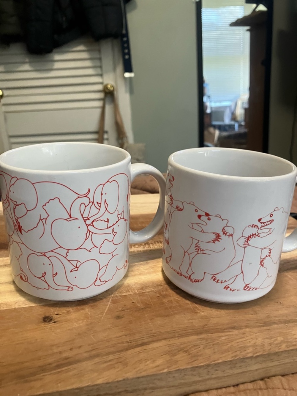 Vintage Taylor and NG Red Line Work 
Elephant and Bears Coffee Mugs